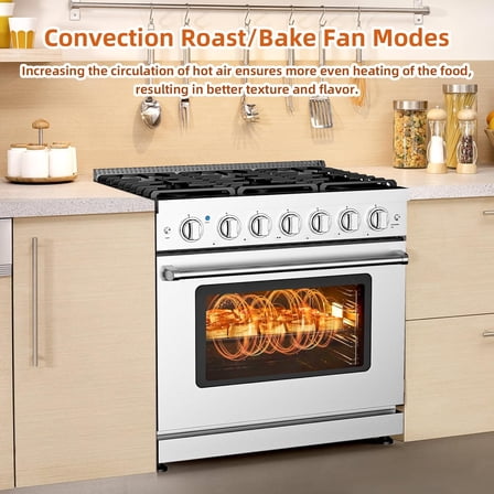 Huloretions RV Gas Range 36", Freestanding Full Gas Range Stove with 6 Sealed Burner Cooktop, Cast Iron Grates, Convection Oven, Slide-In Gas Range Combo In Stainless Steel for Kitchen, Silver