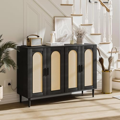 Black Rattan 4-Door Sideboard Buffet Cabinet with Power Outlet