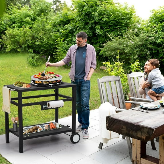Huloretions Rolling Dining Table,Dining Cart Table with Double-Shelf,Movable Stainless Steel Flattop Worktable, Hooks, Side Handle, Multifunctional,Outdoor Garden Patio BBQ Kitchen Food Prep Table Ca
