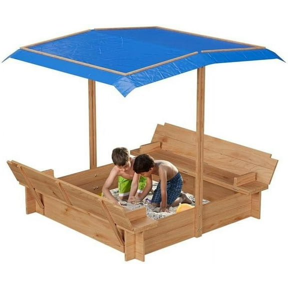 Huloretions Sandbox with Lid Wood Sandbox with Cover,Toddler Sand Boxes with Canopy and Foldable Bench Seats,Outdoor Play Sand Activity Sensory Playset Sandbox for Children 2-8 Years Old
