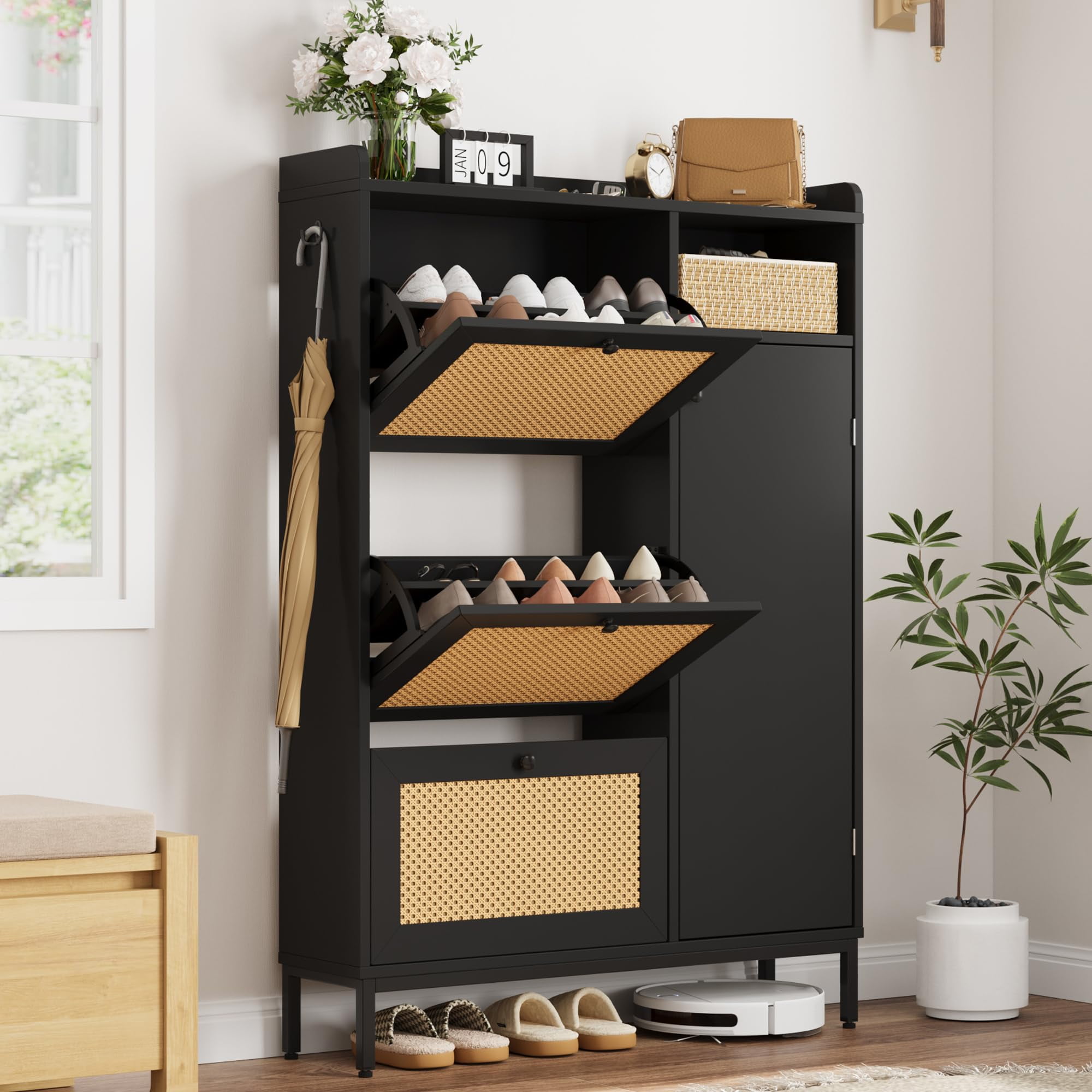 Black and Rattan Tall Shoe Cabinet with Adjustable Shelves