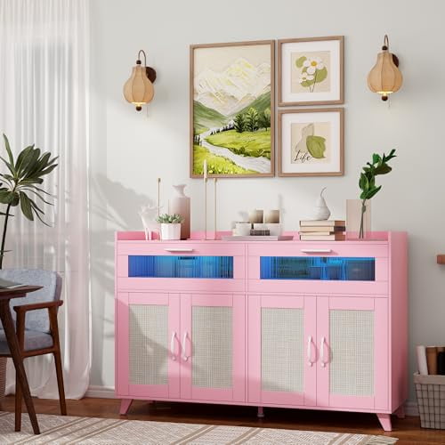 Pink MDF Buffet Cabinet with Rattan Doors and Acrylic Drawers