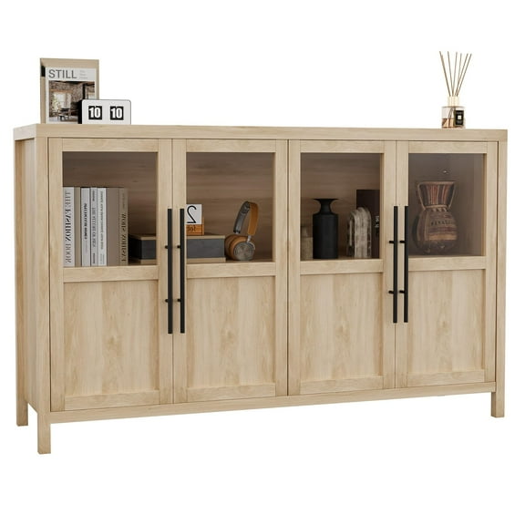 Huloretions Sideboard Buffet Kitchen Storage Cabinet with 4 Glass Doors,55"Modern Accent Cabinet with Storage Console Table Cupboard Console Table,Liquor Cabinet for Kitchen Dining Room