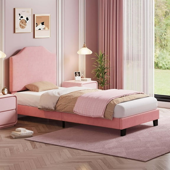 Huloretions Twin Bed Frames, Corduroy Upholstered Twin Bed Bed Frame with Adjustable Headboard, Velvet Platform Mattress Foundation, Strong Wooden Slats Support, No Box Spring Needed, Easy Assembly