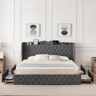 Huloretions Upholstered Platform Bed with Headboard and 4 Storage Drawers, Wood Support Bed Frame with Charging Station, No Box Spring Needed, Easy Assembly