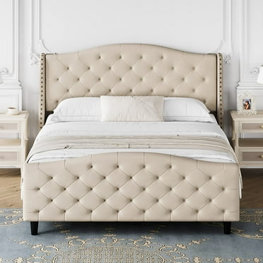 Huloretions Upholstered Platform Bed with Button Tufted Headboard and Footboard, Wood Slat Support Bed Frame, No Box Spring Needed, Easy Assembly