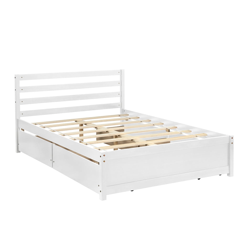 White Full Size Pine Wood Platform Bed with Storage Drawers