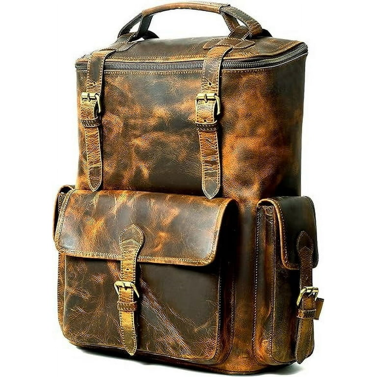 Hulsh Buffalo Leather Backpack for Men Women Multi Pockets Leather Laptop Backpack Vintage Genuine Men s Brown Leather Backpacks Rucksack Knapsack