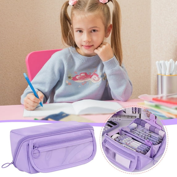 Hulucky Japanese Korean Style Multi-layer Cloth Pencil Case Stationery Storage Box Pen Container with Compartments for Tools/Office(Purple)