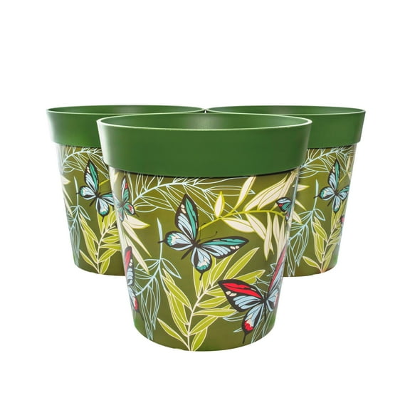 Hum Flowerpots, 3 Plastic, 10 inch Plant Pots, Green Butterfly Palms