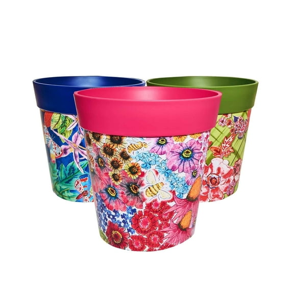 Hum Flowerpots, 3 Plastic, 10 inch Plant Pots, Multicolor Floral