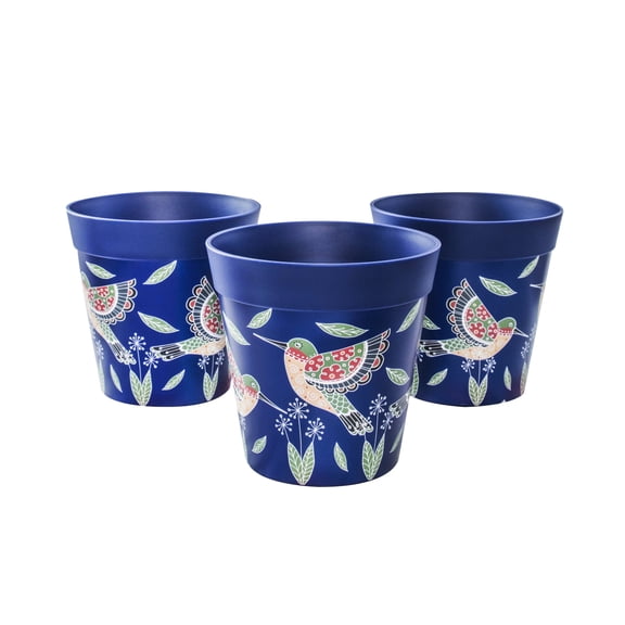 Hum Flowerpots, 3 Plastic, 6 inch Plant Pots, Blue Hummingbird pattern