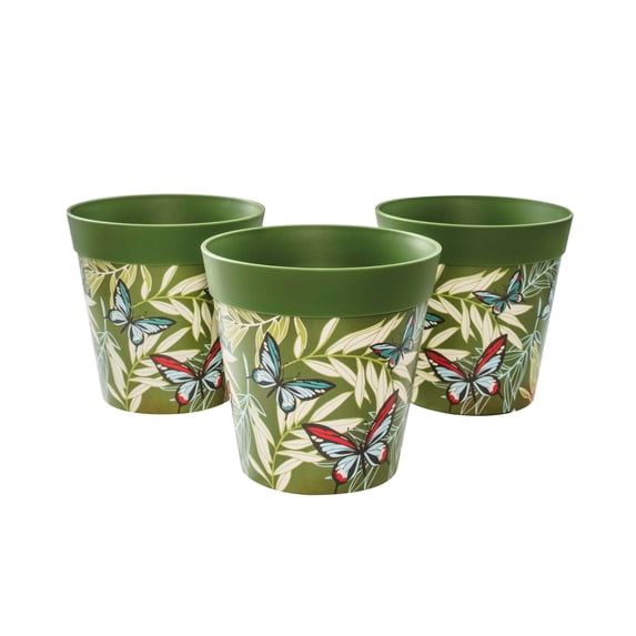 Hum Flowerpots, 3 Plastic, 6 inch Plant Pots, Green Palm Leaves