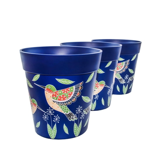 Hum Flowerpots, 3 Plastic, 8.5 inch Plant Pots, Blue Hummingbirds