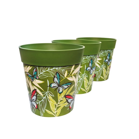 Hum Flowerpots, 3 Plastic, 8.5 inch Plant Pots, Green Butterfly Palm