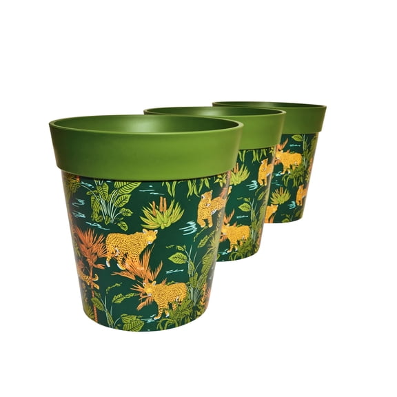 Hum Flowerpots, 3 Plastic, 8.5 inch Plant Pots, Green Jungle Leopards