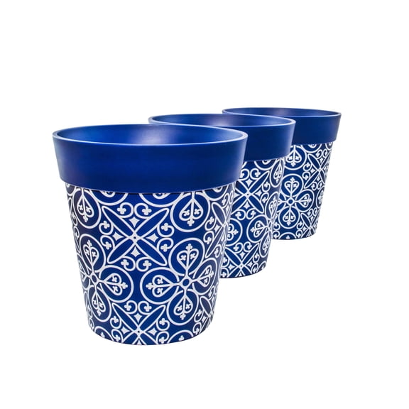 Hum Flowerpots, 3 Plastic, 8.5 inch Plant Pots, Moroccan Blue
