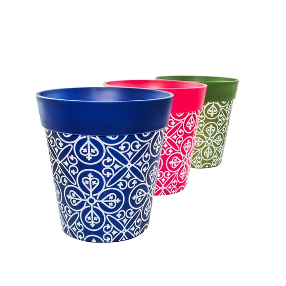 Hum Flowerpots, 3 Plastic, 8.5 inch Plant Pots, Multicolored Moroccan