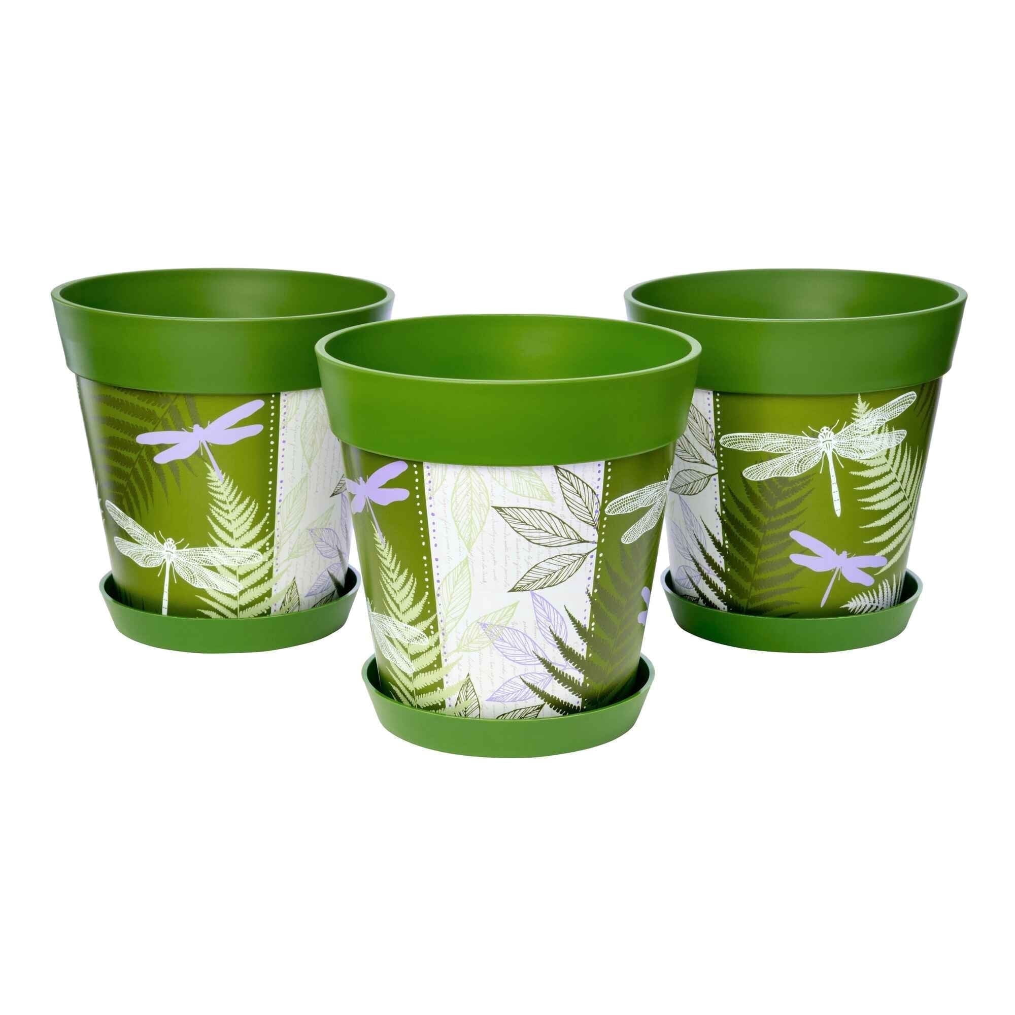 Hum Flowerpots Hum Flowerpots, 3 Plastic, 8.5 inch Plant Pots with 3 Saucers, Green ...