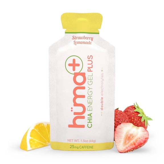 Huma Plus (Double Electrolytes) - Chia Energy Gel, Strawberry Lemonade, 12 Gels, 1x Caffeine