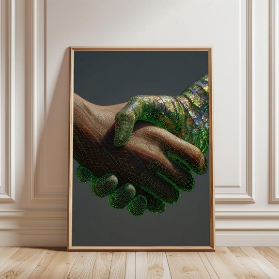 Human Ai Handshake Holographic Green Wireframe Technology Futuristic Wall Art Print, Unframed Paper Print