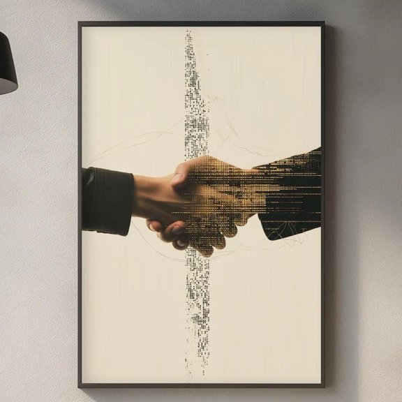 Human Ai Handshake Tech Trust Minimalist Pixel Hand Modern Future Technology Concept Art Poster , Poster Print Only