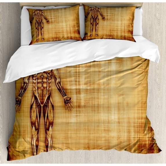 Human Anatomy Duvet Cover Set, Grunge Old Parchment Effect Skeleton Muscles of Human Body Retro Art Print, Decorative 3 Piece Bedding Set with 2 Pillow Shams, King Size, Pale Brown, by Ambesonne