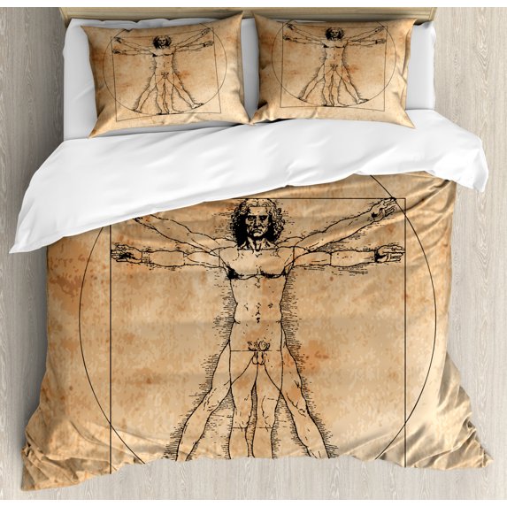 Human Anatomy Duvet Cover Set, Medieval Vitruvian Man Crosshatching Famous Italian Painting Renaissance Body Art, Decorative 3 Piece Bedding Set with 2 Pillow Shams, King Size, Sepia, by Ambesonne