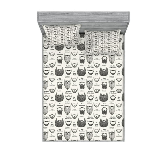 Human Anatomy Fitted Sheet & Pillow Sham Set, Various Beards and Mustaches Type Hand Drawn Inspired Illustration, Decorative Printed 6 Piece Bedding Decor Set, King, White and Dark Grey, by Ambesonne