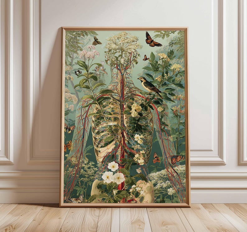 Human Anatomy Floral Skeleton Poster - Botanical Ribcage Wall Art ...