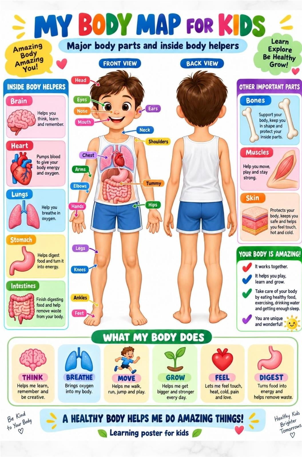 Human Anatomy Poster for Kids Body Organs Chart, Practical educational ...