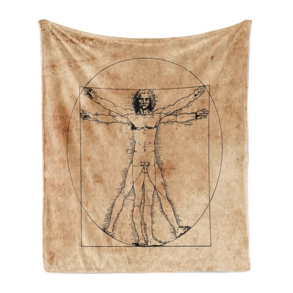 Human Anatomy Soft Flannel Fleece Blanket, Medieval Vitruvian Man Crosshatching Famous Italian Painting Renaissance Body Art, Cozy Plush for Indoor and Outdoor Use, 60" x 80", Sepia, by Ambesonne