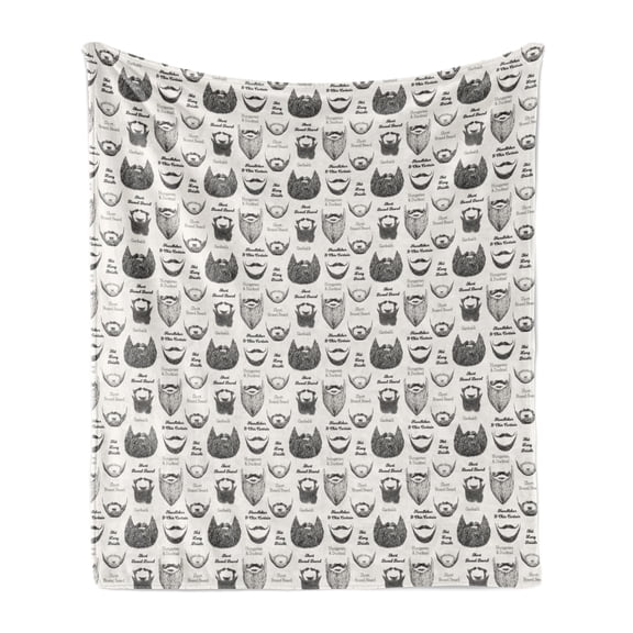 Human Anatomy Soft Flannel Fleece Blanket, Various Beards and Mustaches Type Hand Drawn Inspired Illustration, Cozy Plush for Indoor and Outdoor Use, 50" x 60", White and Dark Grey, by Ambesonne