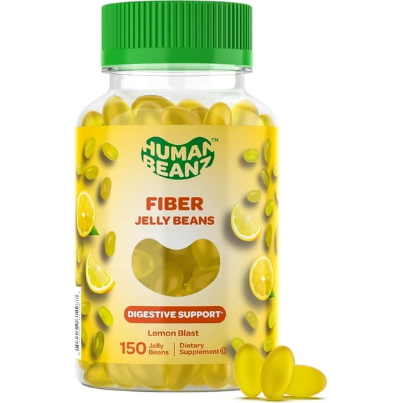 Human Beanz Fiber Jelly Beans for Adults, Prebiotic Fiber Supplement for Digestive Health, Chicory Root Inulin, Vegetarian Gluten-Free Kosher Halal, 150 Lemon Gummies