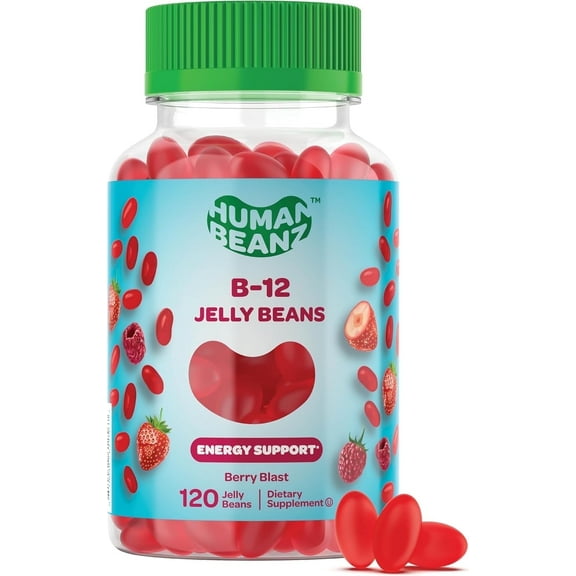 Human Beanz Vitamin B12 Jelly Beans 1000mcg Methylcobalamin, Energy Boost & Brain Support for Adults, Methylated B12 Supplement, Gluten-Free Non-GMO Kosher Halal, 120 Berry Gummies