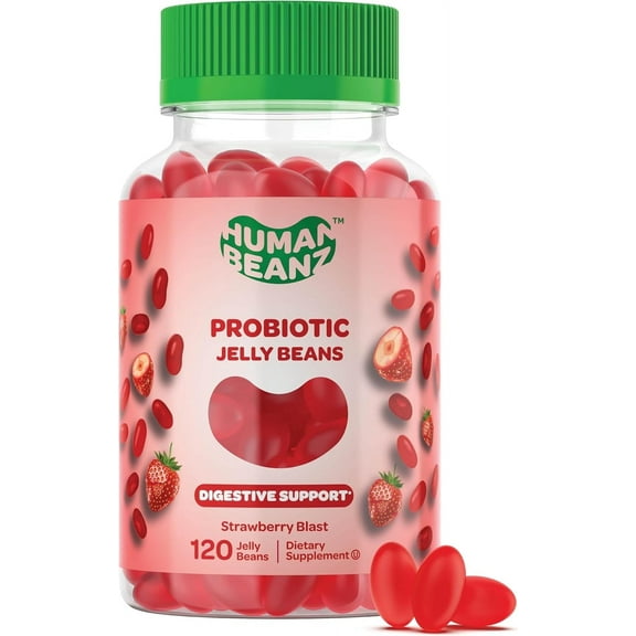 Human Beanz Probiotic Jelly Beans for Adults, 2 Billion CFU Digestive Health Supplement, Gut Health & Immune Support, Gluten-Free Kosher Halal Vegetarian, 120 Strawberry Gummies