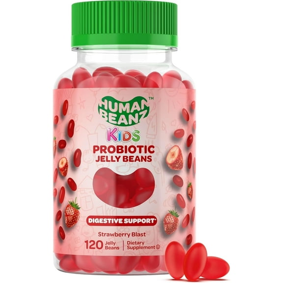 Human Beanz Kids Probiotic Jelly Beans, 1 Billion CFU Digestive Health for Children, Gut & Immune Support Gummies, Vegetarian Gluten-Free Kosher Halal, 120 Strawberry Gummies