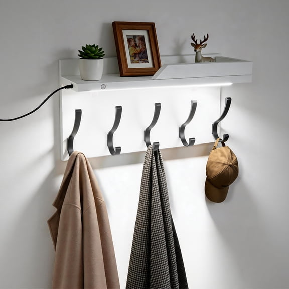 Human Body Sensor Light Coat Rack Wall Mount with Shelf,Entryway Hanging Shelves 5 Hooks Motion-Activated LED for Hats Clothes