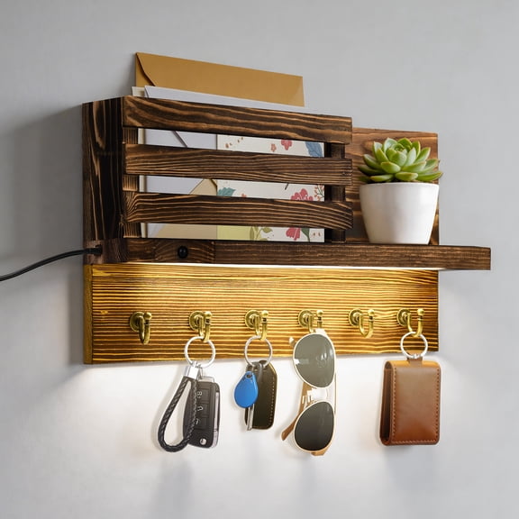 Human Body Sensor Light Key Holder Wall Mount Key and Mail Storage Holder for Wall with 6 Hooks Key Rack for Entryway Home Decor with Motion-Activated LED Wood