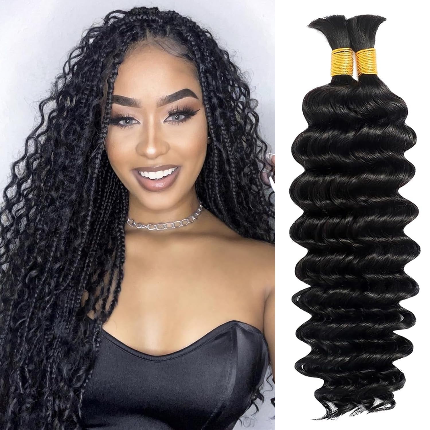 Human Braiding Hair for Boho Braids 20 Inch 110g 2 Bundles/Pack Deep Wave Boho Hair for Braiding 12A Curly 100% Unprocessed Brazilian Virgin Hair Extensions No Weft Knotless Bulk Braids
