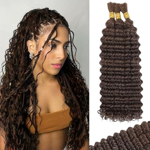 Human Braiding Hair for Boho Braids Deep Wave Bulk Human Hair 120g 14 Inch 12A Knotless Boho Braiding Curly Virgin No Weft Extensions Bohemian Braids 3 /Pack Brown