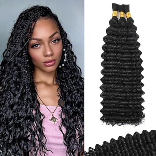Human Braiding Hair for Boho Braids Deep Wave Bulk Human Hair 120g 16 Inch 12A Knotless Boho Braiding Curly  Virgin No Weft Extensions Bohemian Braids 3 /Pack  Color