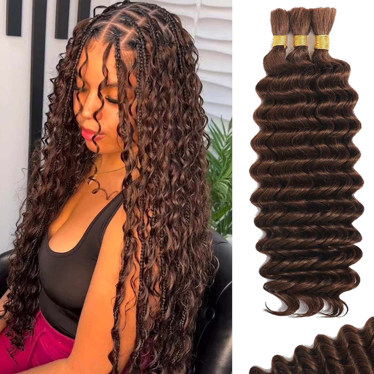 Human Braiding Hair for Boho Braids Human 110g 14 Inch Curly Boho Hair for Braiding Knotless 12A Deep Wave Bulk Bohemian 3 Bundles/Pack Chocolate Brown