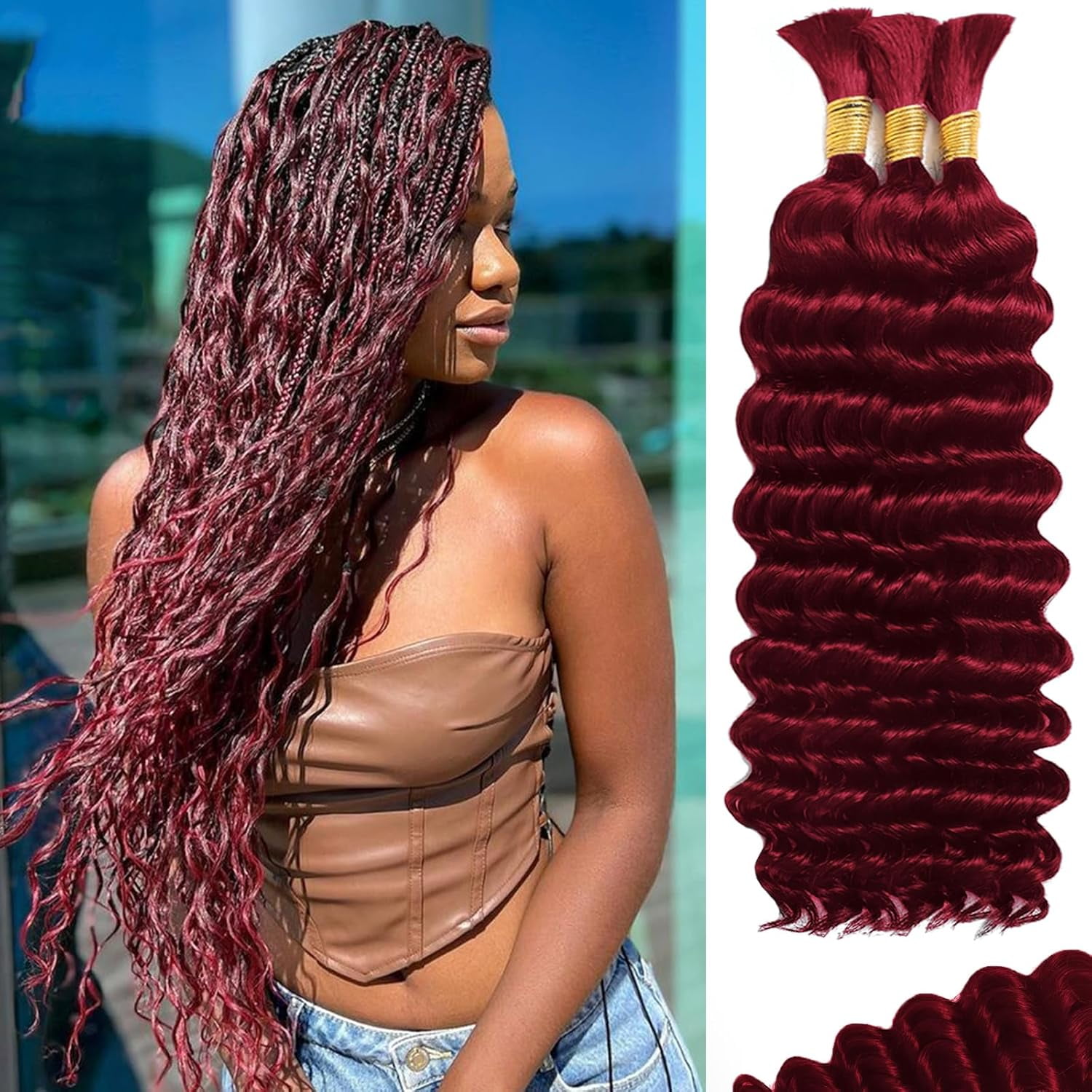 Human Braiding Hair for Boho Braids Human Hair 3 Bundles/Pack 110g 18 Inch Deep Wave Bulk Human Hair for Braiding Curly Knotless 12A Brazilian Virgin Burgundy