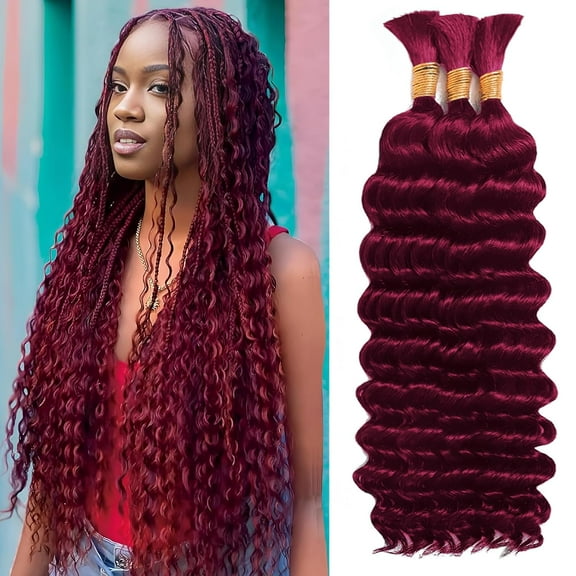 Human Braiding Hair for Boho Braids Human Hair 3 Bundles/Pack 110g 22 Inch Deep Wave Bulk Human Hair for Braiding Curly Knotless 12A Brazilian Virgin Burgundy