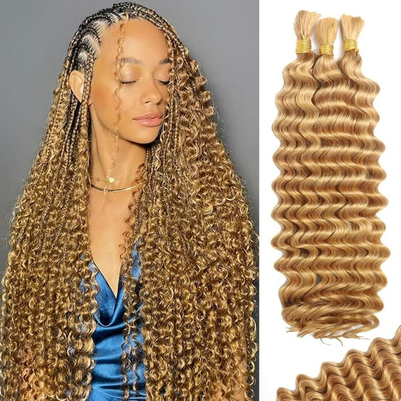 Human Braiding Hair for Boho Braids Human Hair Braiding Hair 110g 24 Inch Curly Boho Hair for Braiding Knotless 12A Deep Wave Bulk Human Hair for Braiding Bohemian 3 Bundles/Pack Caramel Honey Blonde