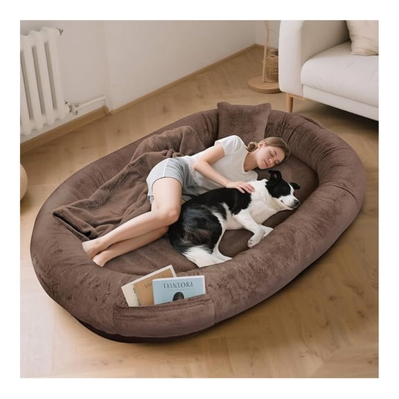 Human Dog Bed 71" x 45" x 14", Human-Sized Large Dog Bed Fits Adults and Pets, Washable Faux Fur Cover Giant Beanbag Bed, Napping Orthopedic Beds with Blanket and Pillow, Brown
