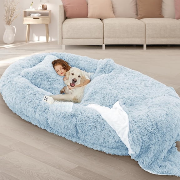 Human Dog Bed, 71''x45''x12'' Size Fits Adult and Pet Washable Giant People Bed 10 CM Thick Memory Foam Large Oversize Pet Bed with Plump Pillow, Blanket, Strap