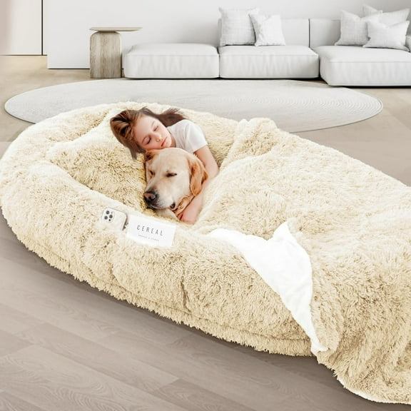Human Dog Bed, 71''x45''x12'' Size Fits People and Pet 10 CM Thick Memory Foam Washable Adult Large Bed Giant Oversize Foldable Dog Bed with Pillow, Blanket, Strap - Beige