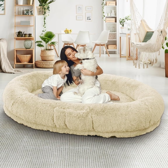 Human Dog Bed, 71''x45''x12'' Size Fits People and Pet 10 CM Thick Memory Foam Washable Adult Large Bed Giant Oversize Foldable Dog Bed with Plump Pillow, Blanket, Strap - Beige